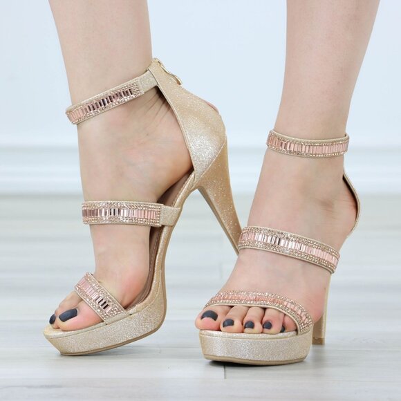 Sparkly Rhinestone Glitter Champagne Platform High Heels Ankle Bracelet Open Toe - Picture 11 of 13